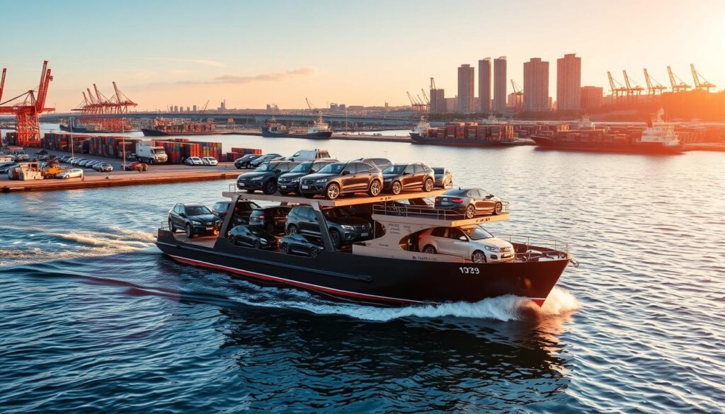 A sleek car carrier ship glides across the calm waters of Gladstone harbor, its deck laden with a diverse array of automobiles. The sun casts a warm, golden glow over the scene, highlighting the intricate details of the ship's design and the shiny, freshly waxed vehicles it transports. In the background, the bustling port and the Gladstone skyline provide a dynamic, industrial backdrop, conveying the efficient, reliable nature of the car shipping and auto transport services offered in the region. The image evokes a sense of professionalism, attention to detail, and the seamless movement of vehicles from one location to another, perfectly capturing the essence of the "Car Shipping and Auto Transport Gladstone" section. A sleek car carrier ship glides across the calm waters of Gladstone harbor, its deck laden with a diverse array of automobiles. The sun casts a warm, golden glow over the scene, highlighting the intricate details of the ship's design and the shiny, freshly waxed vehicles it transports. In the background, the bustling port and the Gladstone skyline provide a dynamic, industrial backdrop, conveying the efficient, reliable nature of the car shipping and auto transport services offered in the region. The image evokes a sense of professionalism, attention to detail, and the seamless movement of vehicles from one location to another, perfectly capturing the essence of the "Car Shipping and Auto Transport Gladstone" section.