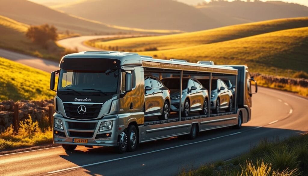 A sleek car carrier transports a gleaming row of brand-new vehicles, their reflective surfaces catching the soft glow of the afternoon sun. The sturdy trailer, adorned with the Sherwood Auto Transport logo, navigates a winding country road flanked by lush, rolling hills and vibrant greenery. The scene exudes a sense of efficiency, reliability, and a commitment to delivering automobiles safely to their destinations. Crisp, warm lighting illuminates the meticulous details of the vehicles, while the overall composition conveys a balanced and harmonious visual experience. A sleek car carrier transports a gleaming row of brand-new vehicles, their reflective surfaces catching the soft glow of the afternoon sun. The sturdy trailer, adorned with the Sherwood Auto Transport logo, navigates a winding country road flanked by lush, rolling hills and vibrant greenery. The scene exudes a sense of efficiency, reliability, and a commitment to delivering automobiles safely to their destinations. Crisp, warm lighting illuminates the meticulous details of the vehicles, while the overall composition conveys a balanced and harmonious visual experience.