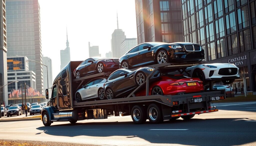 A sleek car carrier truck, its trailer filled with a diverse array of vehicles, navigates the bustling streets of Marysville. Sunlight casts a warm glow, highlighting the gleaming chrome and polished finishes of the automobiles. In the background, a modern cityscape rises, with towering skyscrapers and the iconic landmarks of the city. The scene conveys a sense of efficiency, reliability, and the importance of dependable car shipping and auto transport services to the local community. A sleek car carrier truck, its trailer filled with a diverse array of vehicles, navigates the bustling streets of Marysville. Sunlight casts a warm glow, highlighting the gleaming chrome and polished finishes of the automobiles. In the background, a modern cityscape rises, with towering skyscrapers and the iconic landmarks of the city. The scene conveys a sense of efficiency, reliability, and the importance of dependable car shipping and auto transport services to the local community.