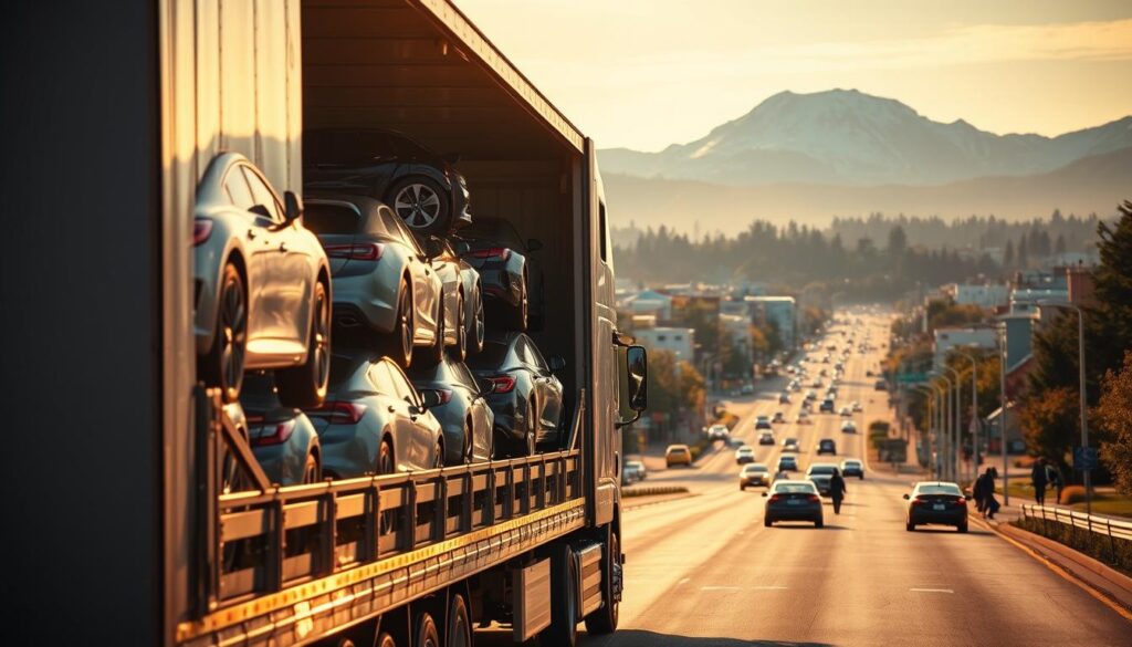 A sleek car carrier truck navigates the winding roads of Edmonds, Washington, its pristine surface gleaming in the warm, golden sunlight. In the foreground, the truck's cargo bay is filled with a diverse array of vehicles, each carefully secured for safe transport. The middle ground reveals the bustling city streets, with pedestrians and other vehicles creating a vibrant urban scene. In the background, the majestic Olympic Mountains rise, their snow-capped peaks providing a picturesque backdrop to this efficient car shipping operation. The overall atmosphere conveys a sense of professionalism, reliability, and attention to detail, reflecting the tailored services offered by the Edmonds auto transport providers. A sleek car carrier truck navigates the winding roads of Edmonds, Washington, its pristine surface gleaming in the warm, golden sunlight. In the foreground, the truck's cargo bay is filled with a diverse array of vehicles, each carefully secured for safe transport. The middle ground reveals the bustling city streets, with pedestrians and other vehicles creating a vibrant urban scene. In the background, the majestic Olympic Mountains rise, their snow-capped peaks providing a picturesque backdrop to this efficient car shipping operation. The overall atmosphere conveys a sense of professionalism, reliability, and attention to detail, reflecting the tailored services offered by the Edmonds auto transport providers.