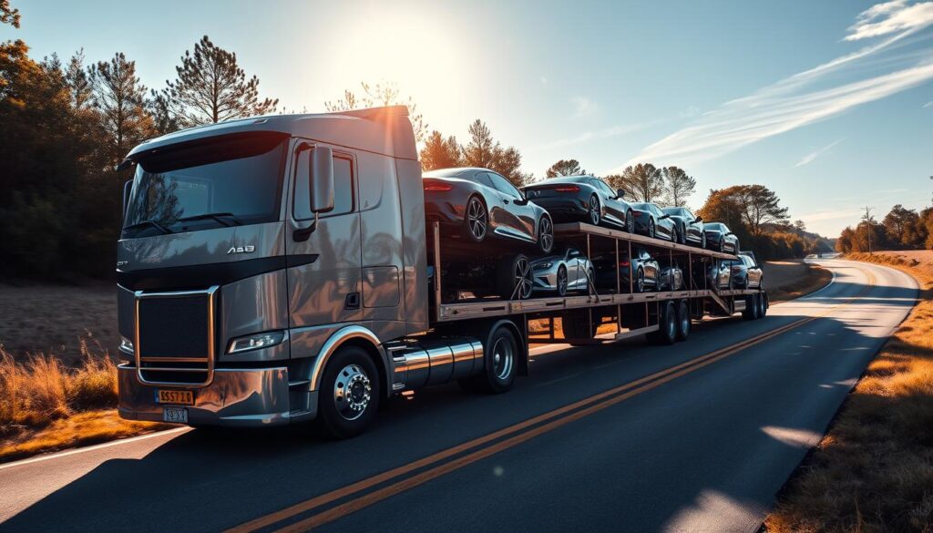A sleek car carrier truck transporting a fleet of gleaming automobiles along a winding country road, with sunlight streaming through the trees and casting warm shadows on the asphalt. The truck's metallic chassis reflects the azure sky above, while the cars it carries are neatly arranged, each model showcasing its distinctive design. The scene conveys a sense of efficiency, professionalism, and reliability – the hallmarks of a trusted auto transport service. The camera angle is slightly elevated, providing a dynamic perspective that emphasizes the scale and precision of the operation. A sleek car carrier truck transporting a fleet of gleaming automobiles along a winding country road, with sunlight streaming through the trees and casting warm shadows on the asphalt. The truck's metallic chassis reflects the azure sky above, while the cars it carries are neatly arranged, each model showcasing its distinctive design. The scene conveys a sense of efficiency, professionalism, and reliability – the hallmarks of a trusted auto transport service. The camera angle is slightly elevated, providing a dynamic perspective that emphasizes the scale and precision of the operation.