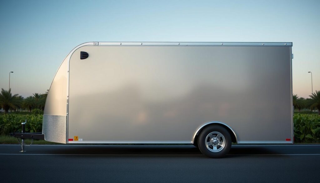 A sleek, enclosed car transport trailer with a smooth, metallic exterior sits in the foreground. Illuminated by soft, warm lighting, the trailer's streamlined design and gentle curves convey a sense of modern sophistication. In the middle ground, the trailer is positioned on a paved road, surrounded by lush greenery and a clear, blue sky. The composition creates a serene, almost minimalist atmosphere, emphasizing the trailer's role as a reliable, secure method of transporting vehicles. The overall scene evokes a sense of trust, professionalism, and attention to detail in the car shipping industry. A sleek, enclosed car transport trailer with a smooth, metallic exterior sits in the foreground. Illuminated by soft, warm lighting, the trailer's streamlined design and gentle curves convey a sense of modern sophistication. In the middle ground, the trailer is positioned on a paved road, surrounded by lush greenery and a clear, blue sky. The composition creates a serene, almost minimalist atmosphere, emphasizing the trailer's role as a reliable, secure method of transporting vehicles. The overall scene evokes a sense of trust, professionalism, and attention to detail in the car shipping industry.