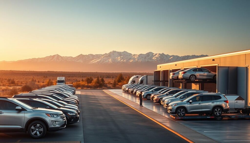 A sleek, modern auto transport company facility nestled in the scenic landscape of Moses Lake. In the foreground, a fleet of well-maintained car carriers ready to transport vehicles with care. The middle ground showcases the company's state-of-the-art loading and unloading equipment, operated by skilled technicians. In the background, the snow-capped Cascade Mountains provide a majestic backdrop, conveying a sense of reliability and professionalism. Warm lighting and a polished, efficient atmosphere create an inviting environment for customers. The entire scene radiates the company's commitment to delivering a seamless and trustworthy auto transport experience. A sleek, modern auto transport company facility nestled in the scenic landscape of Moses Lake. In the foreground, a fleet of well-maintained car carriers ready to transport vehicles with care. The middle ground showcases the company's state-of-the-art loading and unloading equipment, operated by skilled technicians. In the background, the snow-capped Cascade Mountains provide a majestic backdrop, conveying a sense of reliability and professionalism. Warm lighting and a polished, efficient atmosphere create an inviting environment for customers. The entire scene radiates the company's commitment to delivering a seamless and trustworthy auto transport experience.