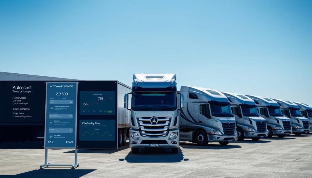 A sleek, modern auto transport service center set against a backdrop of a clear blue sky. In the foreground, a well-organized display showcases pricing details, pickup and delivery timing options, and a digital scheduling interface. The middle ground features a fleet of gleaming transport trucks, their logos and branding prominently displayed. The lighting is crisp and directional, highlighting the clean lines and professional aesthetic. The overall atmosphere conveys efficiency, reliability, and a commitment to delivering a seamless vehicle transport experience.