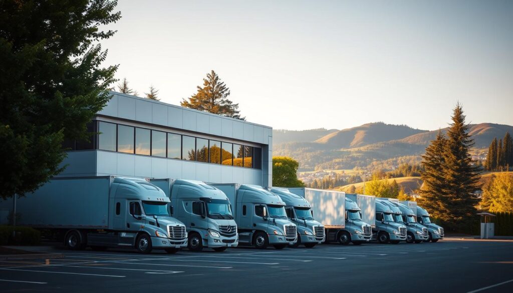 A sleek, modern auto transport service facility nestled in the charming town of West Linn, Oregon. The image showcases the exterior of the building, with a well-maintained parking lot and a fleet of shiny transport trucks in the foreground. The structure features a clean, minimalist design with large windows, showcasing the company's commitment to transparency and professionalism. In the background, lush greenery and the picturesque hills of West Linn provide a serene, natural backdrop, reflecting the region's scenic beauty. The lighting is warm and inviting, creating a welcoming atmosphere for both customers and their vehicles. The overall composition conveys a sense of trust, reliability, and attention to detail that is synonymous with the best auto transport services in the area. A sleek, modern auto transport service facility nestled in the charming town of West Linn, Oregon. The image showcases the exterior of the building, with a well-maintained parking lot and a fleet of shiny transport trucks in the foreground. The structure features a clean, minimalist design with large windows, showcasing the company's commitment to transparency and professionalism. In the background, lush greenery and the picturesque hills of West Linn provide a serene, natural backdrop, reflecting the region's scenic beauty. The lighting is warm and inviting, creating a welcoming atmosphere for both customers and their vehicles. The overall composition conveys a sense of trust, reliability, and attention to detail that is synonymous with the best auto transport services in the area.