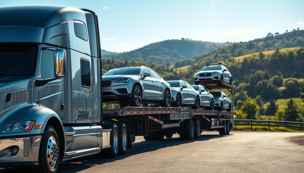 A sleek, modern auto transport service truck prominently displayed in the foreground, its gleaming silver exterior reflecting the sunlight. In the middle ground, a fleet of well-maintained vehicles being carefully loaded onto the truck's hydraulic lift, showcasing the efficient and reliable transportation process. The background features a picturesque Torrington landscape, with rolling hills, lush greenery, and a clear blue sky, conveying a sense of trust and professionalism in the Torrington auto transport service. The lighting is soft and natural, creating a warm and inviting atmosphere, while the camera angle is slightly elevated to highlight the scale and capabilities of the transport operation. A sleek, modern auto transport service truck prominently displayed in the foreground, its gleaming silver exterior reflecting the sunlight. In the middle ground, a fleet of well-maintained vehicles being carefully loaded onto the truck's hydraulic lift, showcasing the efficient and reliable transportation process. The background features a picturesque Torrington landscape, with rolling hills, lush greenery, and a clear blue sky, conveying a sense of trust and professionalism in the Torrington auto transport service. The lighting is soft and natural, creating a warm and inviting atmosphere, while the camera angle is slightly elevated to highlight the scale and capabilities of the transport operation.