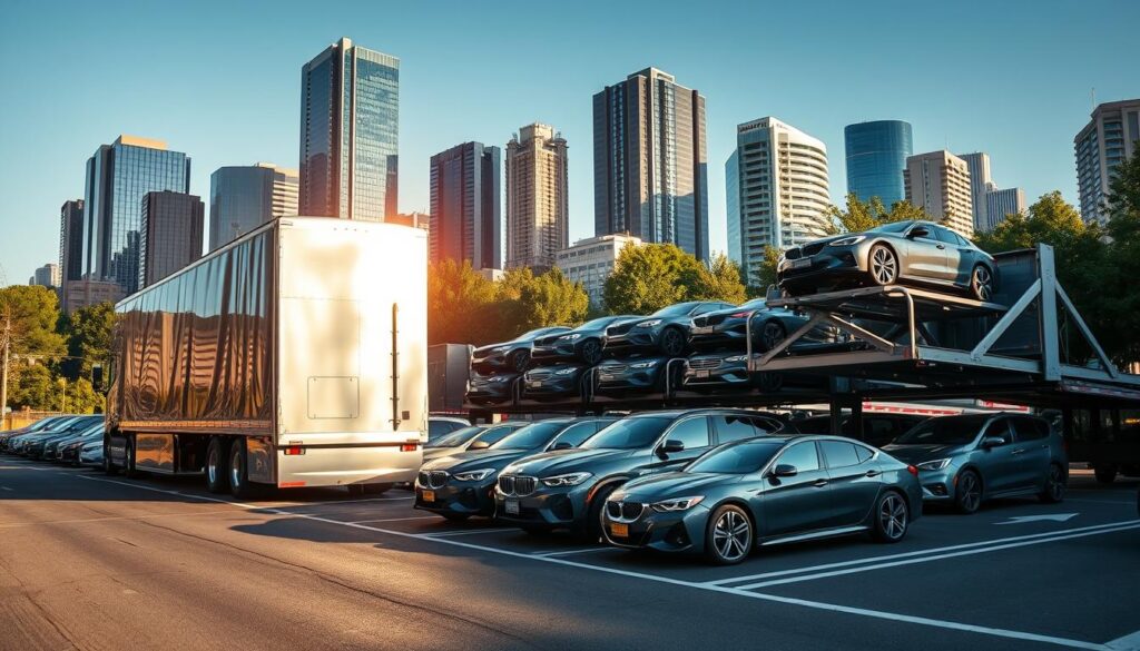 A sleek, modern auto transport truck in the foreground, its glossy metallic exterior reflecting the sun's rays. In the middle ground, rows of neatly parked vehicles, each awaiting their turn to be securely loaded onto the transport. The background showcases the bustling Creswell cityscape, with towering skyscrapers and lush greenery, creating a vibrant and professional atmosphere. The lighting is crisp and directional, casting dramatic shadows that accentuate the truck's angular design. The camera angle is slightly elevated, providing a comprehensive view of the efficient and reliable auto transport operation. A sleek, modern auto transport truck in the foreground, its glossy metallic exterior reflecting the sun's rays. In the middle ground, rows of neatly parked vehicles, each awaiting their turn to be securely loaded onto the transport. The background showcases the bustling Creswell cityscape, with towering skyscrapers and lush greenery, creating a vibrant and professional atmosphere. The lighting is crisp and directional, casting dramatic shadows that accentuate the truck's angular design. The camera angle is slightly elevated, providing a comprehensive view of the efficient and reliable auto transport operation.