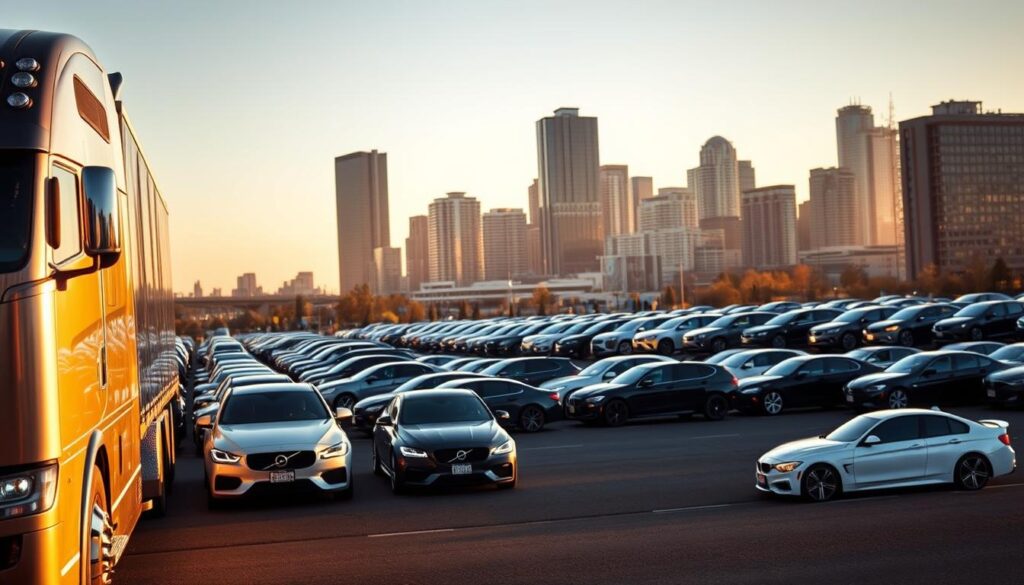 A sleek, modern auto transport truck in the foreground, its metallic exterior gleaming under warm, golden-hour lighting. In the middle ground, rows of neatly parked cars awaiting their journey, each model meticulously detailed. The background features the bustling cityscape of Wilsonville, OR, with towering skyscrapers and the silhouette of the Willamette River in the distance, conveying a sense of efficiency and professionalism. The scene exudes a atmosphere of care, reliability, and expertise in the field of car shipping and auto transport. A sleek, modern auto transport truck in the foreground, its metallic exterior gleaming under warm, golden-hour lighting. In the middle ground, rows of neatly parked cars awaiting their journey, each model meticulously detailed. The background features the bustling cityscape of Wilsonville, OR, with towering skyscrapers and the silhouette of the Willamette River in the distance, conveying a sense of efficiency and professionalism. The scene exudes a atmosphere of care, reliability, and expertise in the field of car shipping and auto transport.