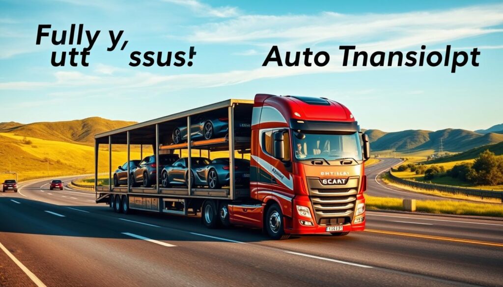 A sleek, modern auto transport truck in the foreground, its trailer securely loaded with several luxury and classic cars. The truck's bold branding and vibrant livery command attention. In the middle ground, a well-maintained highway stretches out, with lush green hills and a clear blue sky in the background, suggesting a scenic, peaceful setting. Warm, directional lighting casts dramatic shadows, highlighting the truck's sturdy construction and the cars' glossy finishes. The scene conveys a sense of professionalism, reliability, and the careful handling of precious cargo, reflecting the "Fully Insured Auto Transport" service. A sleek, modern auto transport truck in the foreground, its trailer securely loaded with several luxury and classic cars. The truck's bold branding and vibrant livery command attention. In the middle ground, a well-maintained highway stretches out, with lush green hills and a clear blue sky in the background, suggesting a scenic, peaceful setting. Warm, directional lighting casts dramatic shadows, highlighting the truck's sturdy construction and the cars' glossy finishes. The scene conveys a sense of professionalism, reliability, and the careful handling of precious cargo, reflecting the "Fully Insured Auto Transport" service.