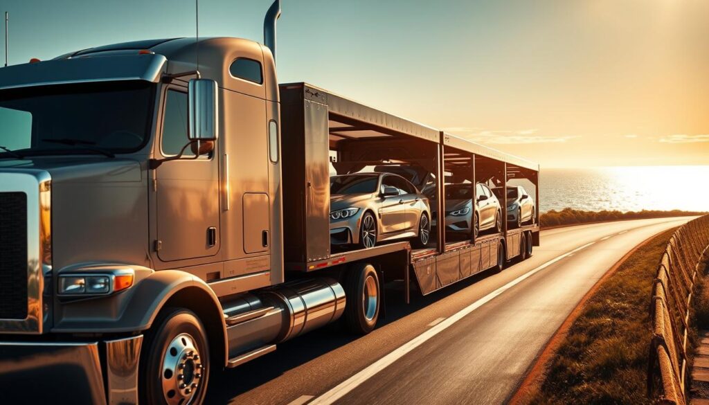 A sleek, modern auto transport truck navigates the scenic coastal roads of Seaside, its trailer securely holding a row of gleaming vehicles. The sun casts a warm, golden glow over the scene, illuminating the truck's chrome accents and the sparkling ocean in the background. The camera angle captures the transport's impressive size and capabilities, conveying a sense of reliability and professionalism. The image exudes a mood of trust and transparency, reflecting the section title's emphasis on a trusted auto transport service with clear communication. A sleek, modern auto transport truck navigates the scenic coastal roads of Seaside, its trailer securely holding a row of gleaming vehicles. The sun casts a warm, golden glow over the scene, illuminating the truck's chrome accents and the sparkling ocean in the background. The camera angle captures the transport's impressive size and capabilities, conveying a sense of reliability and professionalism. The image exudes a mood of trust and transparency, reflecting the section title's emphasis on a trusted auto transport service with clear communication.