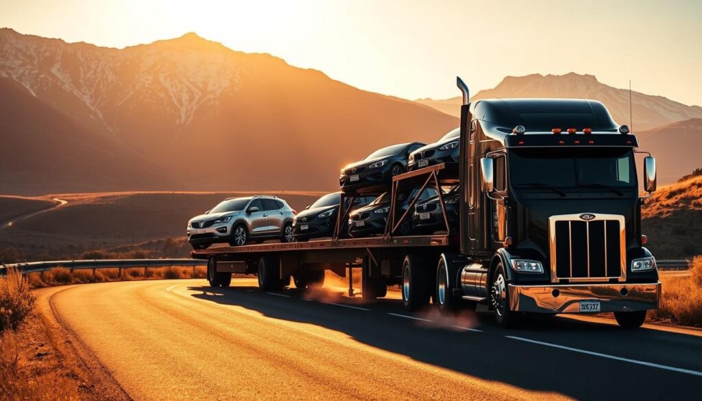 A sleek, modern auto transport truck navigates the winding roads of Prineville, Oregon, its trailer securely holding a row of gleaming cars. The scene is bathed in warm, golden afternoon light, casting long shadows on the asphalt. In the background, the rugged Cascade Mountains rise, their peaks capped with snow. The truck's chrome details glisten, and the tires kick up a subtle trail of dust, creating a sense of motion and purpose. The overall composition conveys the reliable and efficient car shipping and auto transport services available in Prineville, ready to deliver vehicles with care and professionalism. A sleek, modern auto transport truck navigates the winding roads of Prineville, Oregon, its trailer securely holding a row of gleaming cars. The scene is bathed in warm, golden afternoon light, casting long shadows on the asphalt. In the background, the rugged Cascade Mountains rise, their peaks capped with snow. The truck's chrome details glisten, and the tires kick up a subtle trail of dust, creating a sense of motion and purpose. The overall composition conveys the reliable and efficient car shipping and auto transport services available in Prineville, ready to deliver vehicles with care and professionalism.
