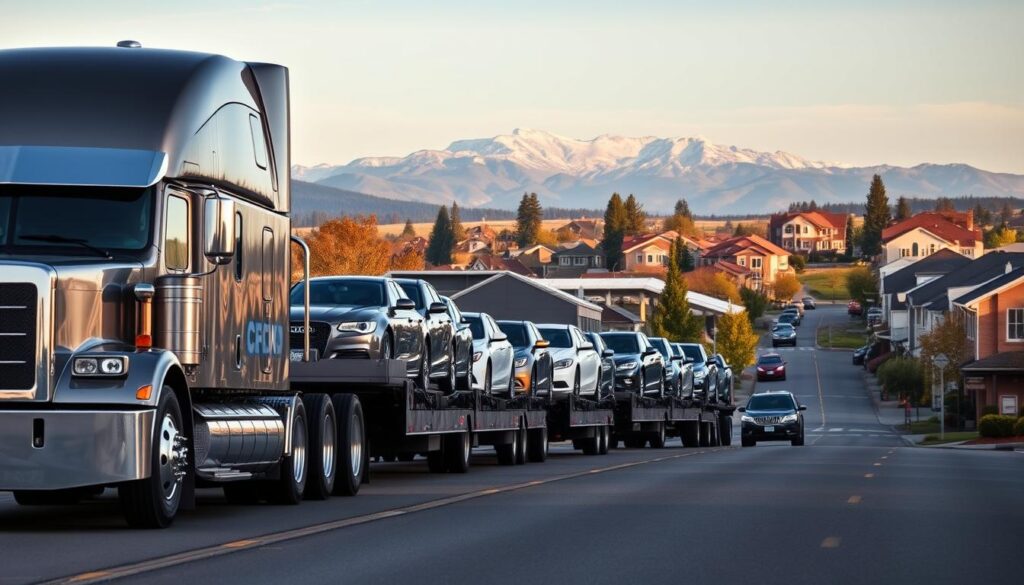 A sleek, modern auto transport truck prominently displayed in the foreground, its gleaming chrome details and sturdy frame conveying a sense of reliability and power. In the middle ground, a fleet of carefully secured vehicles being transported, their varied makes and models reflecting the diversity of the cargo. The background depicts the picturesque town of Stayton, OR, with its quaint streets, tree-lined avenues, and the majestic Cascade Mountains rising in the distance, creating a serene and welcoming atmosphere. Soft, warm lighting bathes the scene, evoking a sense of trust and professionalism in the auto transport services offered in this region. A sleek, modern auto transport truck prominently displayed in the foreground, its gleaming chrome details and sturdy frame conveying a sense of reliability and power. In the middle ground, a fleet of carefully secured vehicles being transported, their varied makes and models reflecting the diversity of the cargo. The background depicts the picturesque town of Stayton, OR, with its quaint streets, tree-lined avenues, and the majestic Cascade Mountains rising in the distance, creating a serene and welcoming atmosphere. Soft, warm lighting bathes the scene, evoking a sense of trust and professionalism in the auto transport services offered in this region.