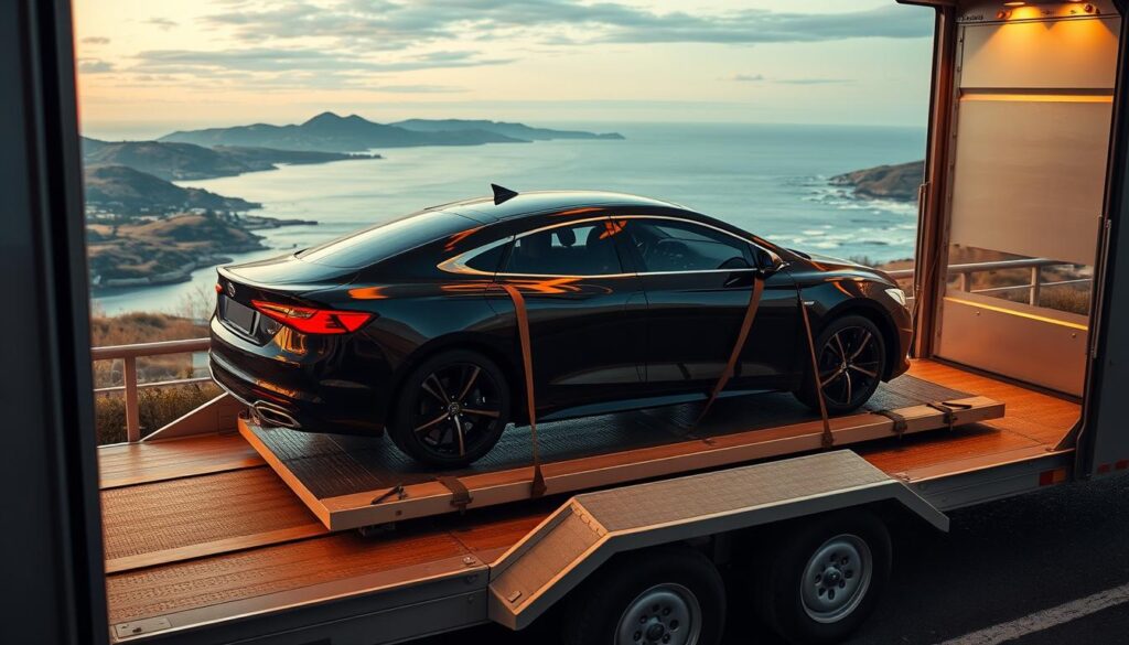 A sleek, modern car being transported on a sturdy, well-maintained auto transport trailer. The vehicle is securely fastened with heavy-duty straps, ensuring a safe and damage-free journey. The trailer is illuminated by warm, soft lighting, creating an inviting and professional atmosphere. In the background, a serene coastal landscape with rolling hills and a picturesque shoreline provides a calming, natural setting. The overall scene conveys a sense of reliability, attention to detail, and a commitment to customer satisfaction in the car shipping and auto transport industry. A sleek, modern car being transported on a sturdy, well-maintained auto transport trailer. The vehicle is securely fastened with heavy-duty straps, ensuring a safe and damage-free journey. The trailer is illuminated by warm, soft lighting, creating an inviting and professional atmosphere. In the background, a serene coastal landscape with rolling hills and a picturesque shoreline provides a calming, natural setting. The overall scene conveys a sense of reliability, attention to detail, and a commitment to customer satisfaction in the car shipping and auto transport industry.
