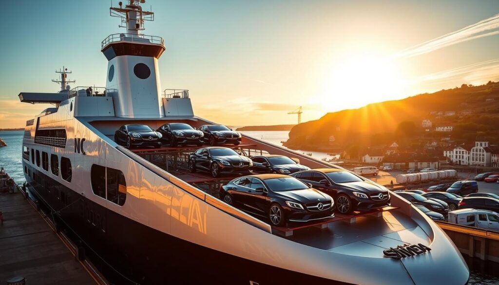 A sleek, modern car carrier ship docked at the bustling port of Guernsey, its towering deck laden with a diverse array of shiny, gleaming vehicles. The sun casts a warm, golden glow across the scene, illuminating the intricate details of the ship's design and the glossy exteriors of the automobiles. In the background, the picturesque Guernsey coastline rises, dotted with charming buildings and lush greenery. The overall atmosphere conveys a sense of efficiency, reliability, and the seamless transportation of valuable cargo, perfectly capturing the essence of the "Car Shipping and Auto Transport Guernsey" section. A sleek, modern car carrier ship docked at the bustling port of Guernsey, its towering deck laden with a diverse array of shiny, gleaming vehicles. The sun casts a warm, golden glow across the scene, illuminating the intricate details of the ship's design and the glossy exteriors of the automobiles. In the background, the picturesque Guernsey coastline rises, dotted with charming buildings and lush greenery. The overall atmosphere conveys a sense of efficiency, reliability, and the seamless transportation of valuable cargo, perfectly capturing the essence of the "Car Shipping and Auto Transport Guernsey" section.