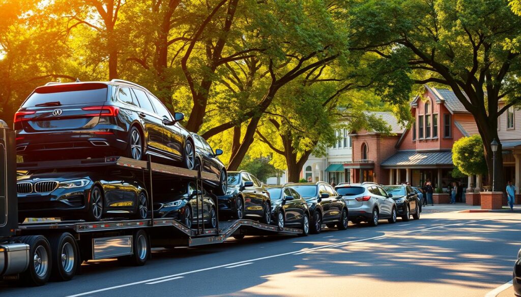 A sleek, modern car carrier transporting a fleet of shiny vehicles through a scenic, tree-lined road in the heart of Forest Grove. The foreground features the car carrier's bold silhouette, its hydraulic ramps extended to load and unload the automobiles. In the middle ground, expertly parked cars await their destination, surrounded by lush greenery and the occasional historic building. The background depicts the vibrant downtown of Forest Grove, with its charming main street and pedestrians going about their day. Warm, golden sunlight filters through the canopy of trees, creating a welcoming and efficient atmosphere for this reliable car shipping and auto transport service. A sleek, modern car carrier transporting a fleet of shiny vehicles through a scenic, tree-lined road in the heart of Forest Grove. The foreground features the car carrier's bold silhouette, its hydraulic ramps extended to load and unload the automobiles. In the middle ground, expertly parked cars await their destination, surrounded by lush greenery and the occasional historic building. The background depicts the vibrant downtown of Forest Grove, with its charming main street and pedestrians going about their day. Warm, golden sunlight filters through the canopy of trees, creating a welcoming and efficient atmosphere for this reliable car shipping and auto transport service.