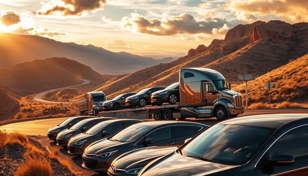 A sleek, modern car carrier transporting several vehicles on the winding roads of Thermopolis, Wyoming. The truck's metallic exterior gleams under the warm, golden light of the setting sun, casting long shadows across the rugged landscape. In the foreground, a row of freshly detailed cars await their final destination, their glossy surfaces reflecting the dramatic clouds above. The middle ground features the imposing truck navigating the curving mountain pass, its trailer loaded with a diverse array of makes and models. The background showcases the breathtaking natural scenery of Thermopolis, with rolling hills, towering cliffs, and a hint of the town's historic hot springs in the distance, creating a picturesque scene for this reliable car shipping service. A sleek, modern car carrier transporting several vehicles on the winding roads of Thermopolis, Wyoming. The truck's metallic exterior gleams under the warm, golden light of the setting sun, casting long shadows across the rugged landscape. In the foreground, a row of freshly detailed cars await their final destination, their glossy surfaces reflecting the dramatic clouds above. The middle ground features the imposing truck navigating the curving mountain pass, its trailer loaded with a diverse array of makes and models. The background showcases the breathtaking natural scenery of Thermopolis, with rolling hills, towering cliffs, and a hint of the town's historic hot springs in the distance, creating a picturesque scene for this reliable car shipping service.