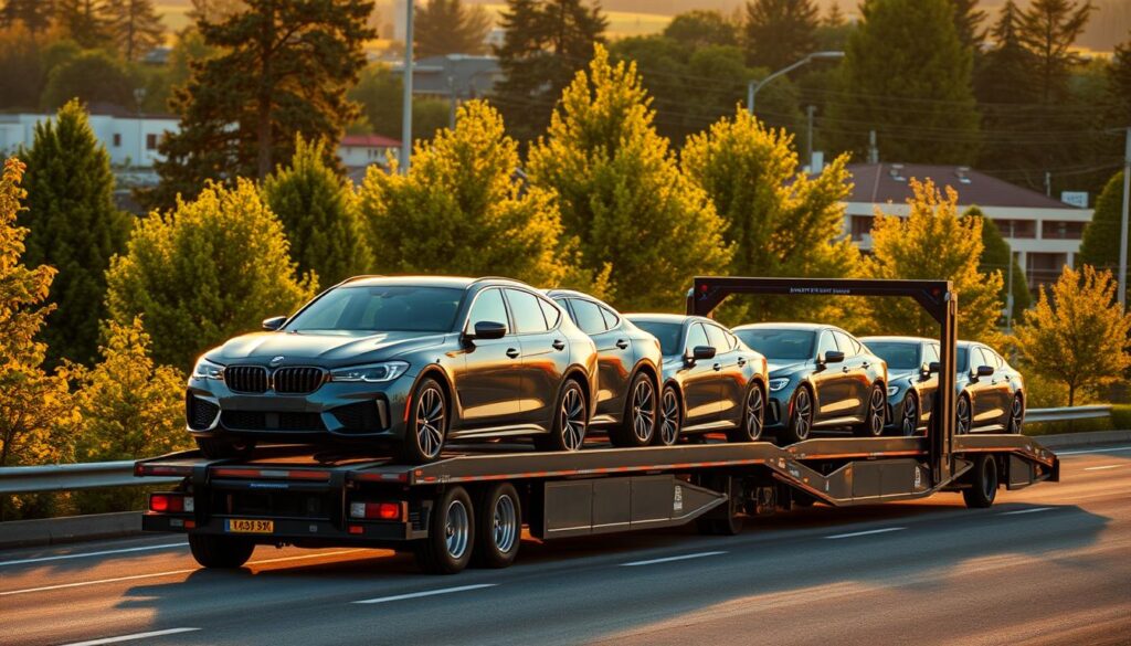 A sleek, modern car carrier transports a fleet of shiny, high-end vehicles on the roads of Gresham. The sun casts warm, golden light across the scene, creating a sense of reliability and professionalism. The carrier's sturdy frame and well-maintained exterior convey the trustworthy, insured nature of the auto transport service. In the background, the verdant trees and buildings of Gresham's cityscape provide a comforting, local backdrop. The overall composition evokes a feeling of efficiency, safety, and on-time delivery for the car shipping and auto transport services available in Gresham. A sleek, modern car carrier transports a fleet of shiny, high-end vehicles on the roads of Gresham. The sun casts warm, golden light across the scene, creating a sense of reliability and professionalism. The carrier's sturdy frame and well-maintained exterior convey the trustworthy, insured nature of the auto transport service. In the background, the verdant trees and buildings of Gresham's cityscape provide a comforting, local backdrop. The overall composition evokes a feeling of efficiency, safety, and on-time delivery for the car shipping and auto transport services available in Gresham.