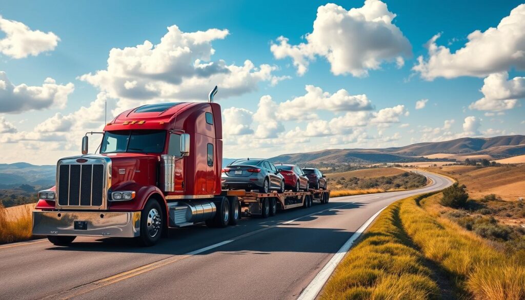 A sleek, modern car carrier transports a fleet of shiny new automobiles down a winding highway. The sky is a brilliant blue with fluffy white clouds, bathing the scene in warm, natural lighting. The truck's polished chrome and vibrant paint job glisten in the sunlight, reflecting the surrounding landscape. In the foreground, the car carrier's sturdy frame and powerful engine convey a sense of reliable, efficient transportation. In the middle ground, the cars being shipped are clearly visible, their glossy exteriors and varied models suggesting a diverse inventory. The road stretches out into the distance, leading the eye towards a picturesque horizon lined with rolling hills and lush vegetation, creating a serene, tranquil atmosphere. A sleek, modern car carrier transports a fleet of shiny new automobiles down a winding highway. The sky is a brilliant blue with fluffy white clouds, bathing the scene in warm, natural lighting. The truck's polished chrome and vibrant paint job glisten in the sunlight, reflecting the surrounding landscape. In the foreground, the car carrier's sturdy frame and powerful engine convey a sense of reliable, efficient transportation. In the middle ground, the cars being shipped are clearly visible, their glossy exteriors and varied models suggesting a diverse inventory. The road stretches out into the distance, leading the eye towards a picturesque horizon lined with rolling hills and lush vegetation, creating a serene, tranquil atmosphere.