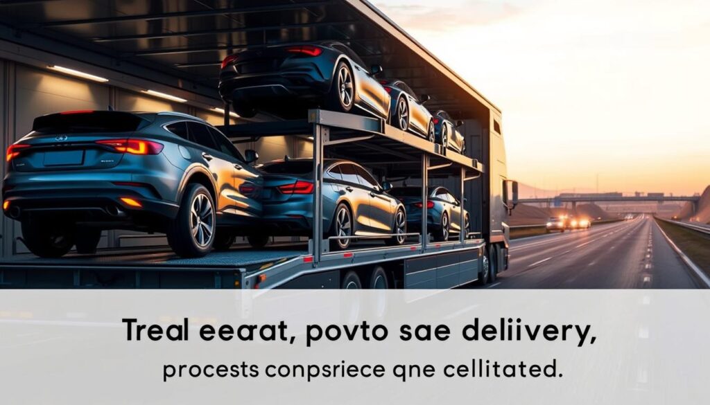 A sleek, modern car carrier transports vehicles on a multi-level deck, with its rear loading ramp lowered to facilitate seamless loading. The cargo area is well-lit, creating a sense of organization and efficiency. In the background, a highway stretches out, conveying the journey of the vehicles being transported. Subtle lighting and atmospheric hues evoke a professional, reliable transportation service. The composition emphasizes the scale and capability of the vehicle transport process, capturing the smooth, streamlined operation from quote to delivery. A sleek, modern car carrier transports vehicles on a multi-level deck, with its rear loading ramp lowered to facilitate seamless loading. The cargo area is well-lit, creating a sense of organization and efficiency. In the background, a highway stretches out, conveying the journey of the vehicles being transported. Subtle lighting and atmospheric hues evoke a professional, reliable transportation service. The composition emphasizes the scale and capability of the vehicle transport process, capturing the smooth, streamlined operation from quote to delivery.