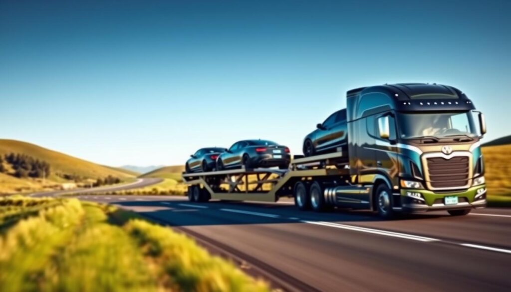 A sleek, modern car carrier truck navigates a winding rural road, surrounded by rolling green hills and a clear blue sky. The truck's glossy chrome accents and powerful engine convey a sense of reliable and efficient auto transport. In the middle ground, several pristine vehicles are securely loaded onto the carrier's multiple levels, ready to be transported to their destination. The scene is illuminated by warm, natural lighting, casting soft shadows and highlighting the vehicle's curves. The overall mood is one of professionalism, safety, and attention to detail - capturing the essence of trusted Woodburn auto transport services tailored to the customer's needs. A sleek, modern car carrier truck navigates a winding rural road, surrounded by rolling green hills and a clear blue sky. The truck's glossy chrome accents and powerful engine convey a sense of reliable and efficient auto transport. In the middle ground, several pristine vehicles are securely loaded onto the carrier's multiple levels, ready to be transported to their destination. The scene is illuminated by warm, natural lighting, casting soft shadows and highlighting the vehicle's curves. The overall mood is one of professionalism, safety, and attention to detail - capturing the essence of trusted Woodburn auto transport services tailored to the customer's needs.