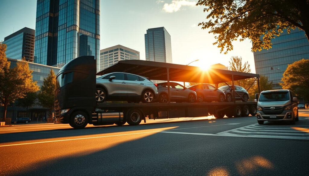 A sleek, modern car carrier truck navigates the bustling streets of Washington, its hydraulic ramps expertly loading and unloading a fleet of gleaming vehicles. The scene is framed by the towering skyscrapers and lush greenery characteristic of the Issaquah cityscape, bathed in warm, golden-hour lighting that casts long shadows across the pavement. The camera angle captures the transport process from a dynamic, low perspective, emphasizing the scale and power of the commercial operation. An air of efficiency and professionalism permeates the image, reflecting the reliable, high-quality car shipping services offered in the local area. A sleek, modern car carrier truck navigates the bustling streets of Washington, its hydraulic ramps expertly loading and unloading a fleet of gleaming vehicles. The scene is framed by the towering skyscrapers and lush greenery characteristic of the Issaquah cityscape, bathed in warm, golden-hour lighting that casts long shadows across the pavement. The camera angle captures the transport process from a dynamic, low perspective, emphasizing the scale and power of the commercial operation. An air of efficiency and professionalism permeates the image, reflecting the reliable, high-quality car shipping services offered in the local area.