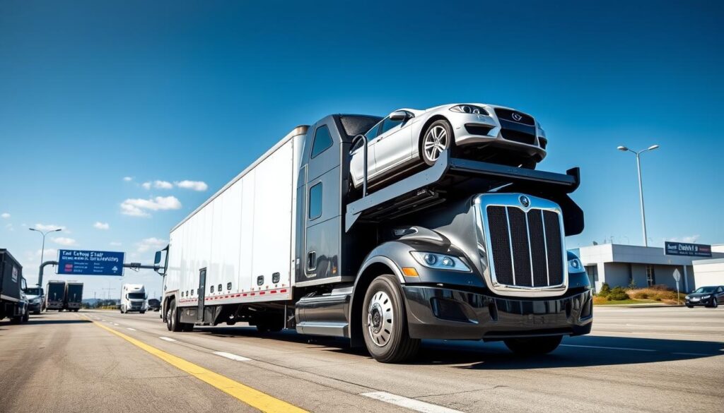 A sleek, modern car carrier truck prominently displayed in the center of the frame, its trailer loaded with various car models neatly arranged. The truck is shown from a low, dynamic angle, emphasizing its size and power. The surroundings depict a well-lit, industrial setting, perhaps a car shipping facility or a transportation hub, with subtle details like road markings, signage, and a clear sky in the background. The overall atmosphere conveys a sense of efficiency, reliability, and professionalism, reflecting the fast and dependable car shipping services offered in Lake Stevens. A sleek, modern car carrier truck prominently displayed in the center of the frame, its trailer loaded with various car models neatly arranged. The truck is shown from a low, dynamic angle, emphasizing its size and power. The surroundings depict a well-lit, industrial setting, perhaps a car shipping facility or a transportation hub, with subtle details like road markings, signage, and a clear sky in the background. The overall atmosphere conveys a sense of efficiency, reliability, and professionalism, reflecting the fast and dependable car shipping services offered in Lake Stevens.