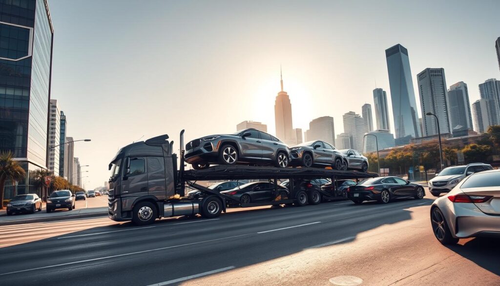 A sleek, modern car carrier truck transporting a fleet of gleaming automobiles through the bustling city streets of Dallas. The truck's towering frame casts long shadows across the sun-dappled pavement, as it navigates the well-paced urban traffic with precision. In the background, the iconic skyline of Dallas rises, its skyscrapers and modern architecture creating a dynamic backdrop. The scene conveys a sense of efficiency, reliability, and the city's thriving automotive industry, perfectly capturing the essence of the "Why Dallas drivers choose our reliable car shipping service" section. A sleek, modern car carrier truck transporting a fleet of gleaming automobiles through the bustling city streets of Dallas. The truck's towering frame casts long shadows across the sun-dappled pavement, as it navigates the well-paced urban traffic with precision. In the background, the iconic skyline of Dallas rises, its skyscrapers and modern architecture creating a dynamic backdrop. The scene conveys a sense of efficiency, reliability, and the city's thriving automotive industry, perfectly capturing the essence of the "Why Dallas drivers choose our reliable car shipping service" section.