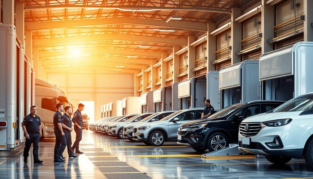 A sleek, modern car shipping facility with well-organized loading bays and a fleet of professional transport trucks. The foreground showcases a team of uniformed, friendly staff assisting with the safe loading and unloading of vehicles. The middle ground features a lineup of pristine, shiny cars ready for transport, while the background depicts a clean, well-lit warehouse with high ceilings and a sense of efficiency. Warm, natural lighting casts a welcoming glow, and the overall atmosphere conveys a strong sense of reliability, trust, and customer-centric service. A sleek, modern car shipping facility with well-organized loading bays and a fleet of professional transport trucks. The foreground showcases a team of uniformed, friendly staff assisting with the safe loading and unloading of vehicles. The middle ground features a lineup of pristine, shiny cars ready for transport, while the background depicts a clean, well-lit warehouse with high ceilings and a sense of efficiency. Warm, natural lighting casts a welcoming glow, and the overall atmosphere conveys a strong sense of reliability, trust, and customer-centric service.