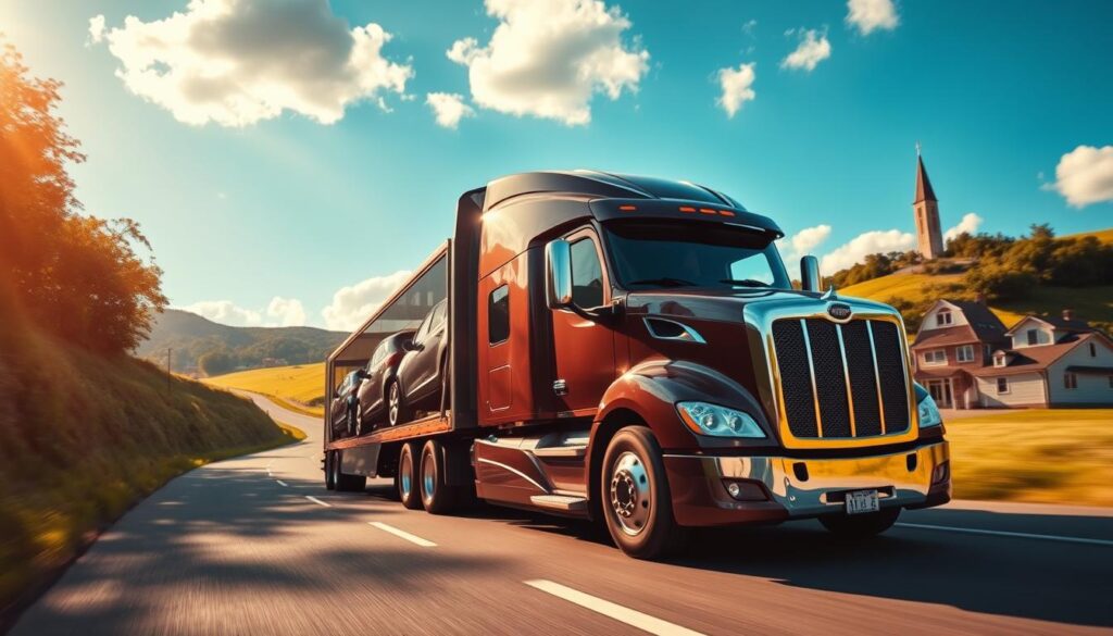 A sleek, modern car transport truck carrying several new vehicles, with a gleaming chrome grille and bold, angular design. The truck is driving down a winding country road, surrounded by lush green hills and a bright blue sky with fluffy white clouds. The scene is bathed in warm, golden afternoon light, creating long shadows and a sense of motion. The truck's cab is captured in a dynamic three-quarter view, emphasizing its power and size. In the background, a small town with quaint buildings and a church steeple can be seen in the distance, hinting at the reliable transportation services available in the local area. A sleek, modern car transport truck carrying several new vehicles, with a gleaming chrome grille and bold, angular design. The truck is driving down a winding country road, surrounded by lush green hills and a bright blue sky with fluffy white clouds. The scene is bathed in warm, golden afternoon light, creating long shadows and a sense of motion. The truck's cab is captured in a dynamic three-quarter view, emphasizing its power and size. In the background, a small town with quaint buildings and a church steeple can be seen in the distance, hinting at the reliable transportation services available in the local area.
