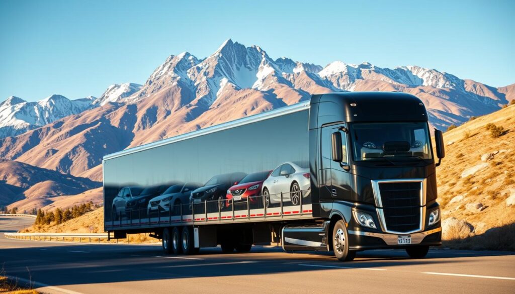 A sleek, modern car transport truck navigates the winding mountain roads of Pinedale, its cargo bay filled with an array of gleaming automobiles. The vehicle is bathed in warm, golden sunlight, casting dramatic shadows across its metallic surfaces. In the background, towering peaks rise up, their snow-capped summits reflecting the clear, azure sky. The scene conveys a sense of efficiency, professionalism, and the careful attention to detail required in the car shipping and auto transport industry. The overall mood is one of confidence, reliability, and the seamless integration of technology and nature. A sleek, modern car transport truck navigates the winding mountain roads of Pinedale, its cargo bay filled with an array of gleaming automobiles. The vehicle is bathed in warm, golden sunlight, casting dramatic shadows across its metallic surfaces. In the background, towering peaks rise up, their snow-capped summits reflecting the clear, azure sky. The scene conveys a sense of efficiency, professionalism, and the careful attention to detail required in the car shipping and auto transport industry. The overall mood is one of confidence, reliability, and the seamless integration of technology and nature.