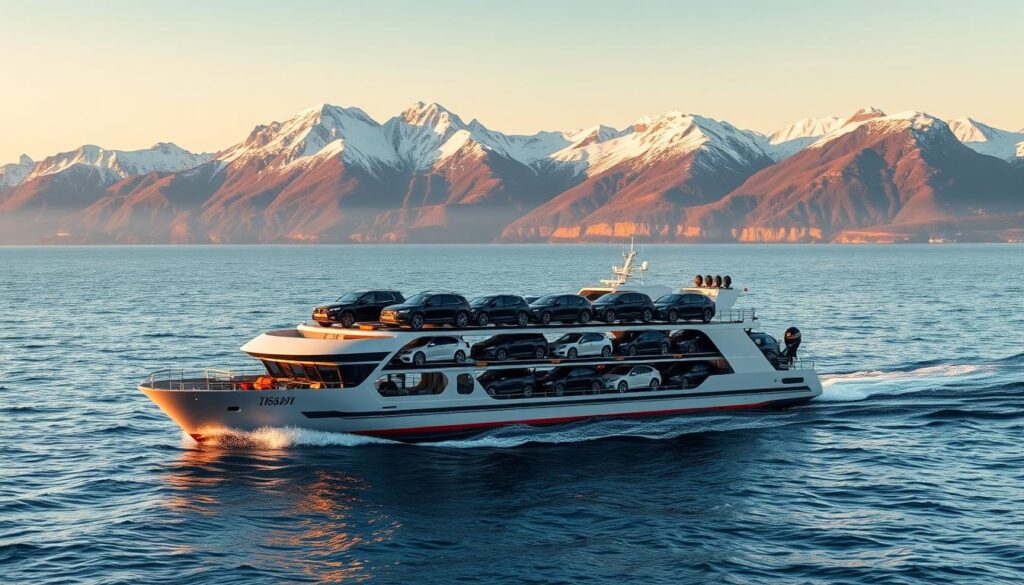 A sleek, modern car transporter ship glides across a serene, azure ocean, its deck laden with a diverse array of gleaming, meticulously detailed automobiles. In the background, the rugged, snow-capped peaks of the Cascade Mountains rise majestically, bathed in the warm, golden light of a setting sun. The scene exudes a sense of efficiency, reliability, and expertise in the field of car shipping and auto transport, embodying the essence of the "Expert Car Shipping and Auto Transport Services in Bellingham, WA" section. A sleek, modern car transporter ship glides across a serene, azure ocean, its deck laden with a diverse array of gleaming, meticulously detailed automobiles. In the background, the rugged, snow-capped peaks of the Cascade Mountains rise majestically, bathed in the warm, golden light of a setting sun. The scene exudes a sense of efficiency, reliability, and expertise in the field of car shipping and auto transport, embodying the essence of the "Expert Car Shipping and Auto Transport Services in Bellingham, WA" section.