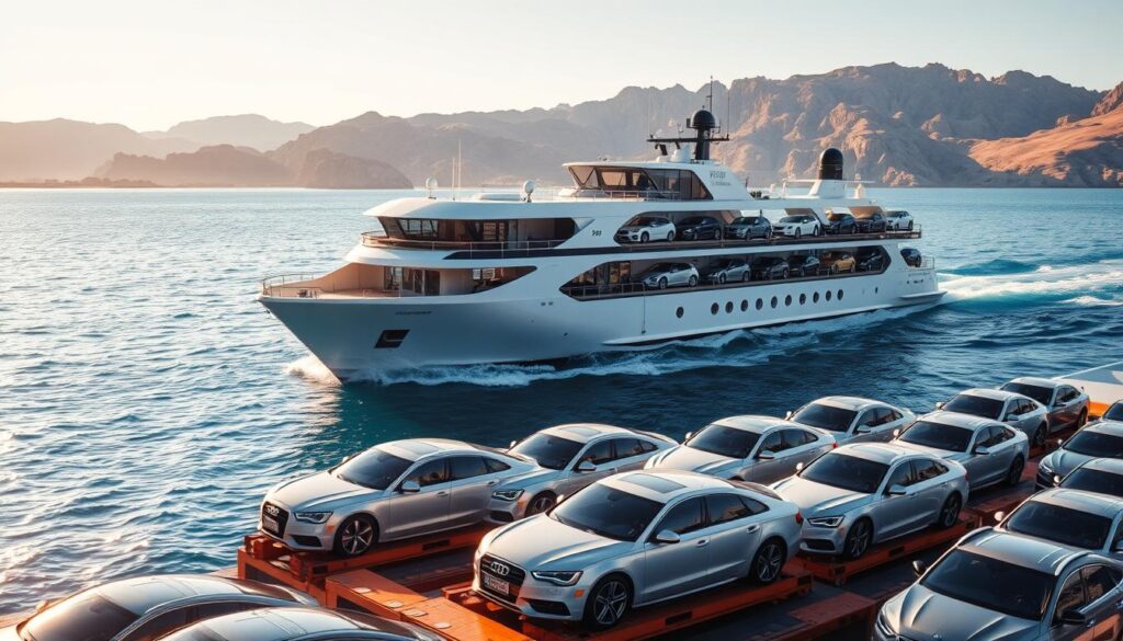 A sleek, modern cargo ship majestically navigating through calm, azure waters, its deck laden with a fleet of shiny, well-maintained vehicles. The sun casts a warm, golden glow, illuminating the pristine exteriors and chrome accents of the automobiles. In the foreground, a group of cars sit securely on sturdy platforms, ready for transport to their final destination. The background features the picturesque landscape of Wamsutter, Wyoming, with rugged mountains and a clear, cloudless sky. The scene exudes a sense of efficiency, reliability, and professionalism, capturing the essence of the trusted car shipping services offered in this region. A sleek, modern cargo ship majestically navigating through calm, azure waters, its deck laden with a fleet of shiny, well-maintained vehicles. The sun casts a warm, golden glow, illuminating the pristine exteriors and chrome accents of the automobiles. In the foreground, a group of cars sit securely on sturdy platforms, ready for transport to their final destination. The background features the picturesque landscape of Wamsutter, Wyoming, with rugged mountains and a clear, cloudless sky. The scene exudes a sense of efficiency, reliability, and professionalism, capturing the essence of the trusted car shipping services offered in this region.