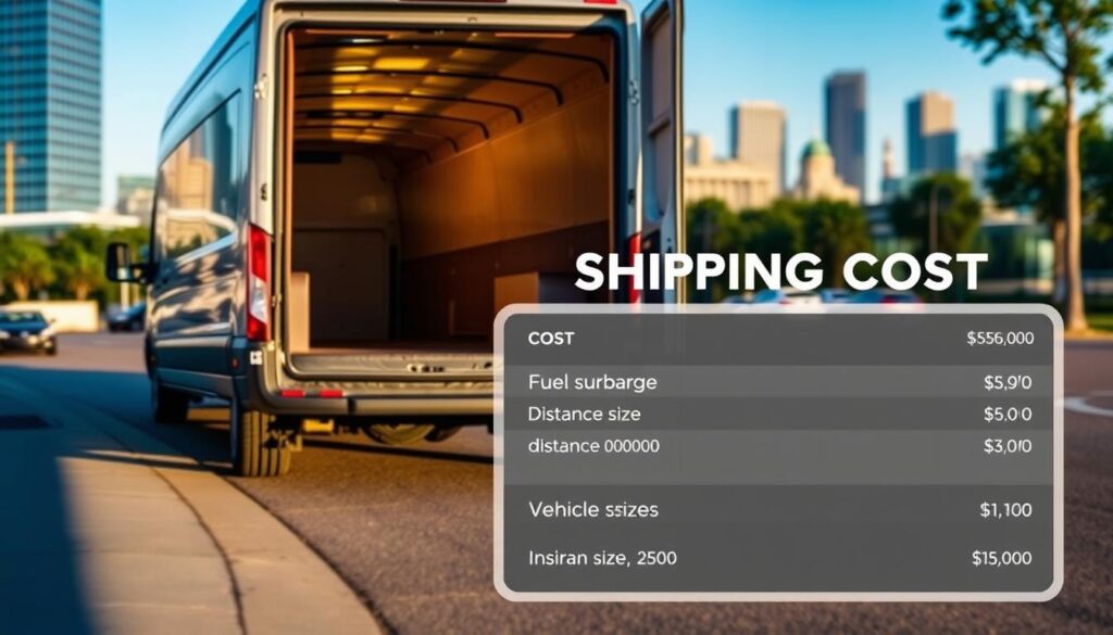 A sleek, modern delivery van parked on a city street, showcasing its cargo area and the various shipping cost factors visible. Sunlight casts warm shadows on the van's metallic finish, highlighting its efficient design. In the foreground, a detailed illustration of a shipping cost breakdown, displaying categories like fuel surcharge, distance, vehicle size, and insurance. The background features a blurred cityscape of Elmira Heights, with skyscrapers and trees in the distance, conveying a sense of a thriving local economy. The overall composition emphasizes the importance of understanding shipping costs for successful auto transport in the region.