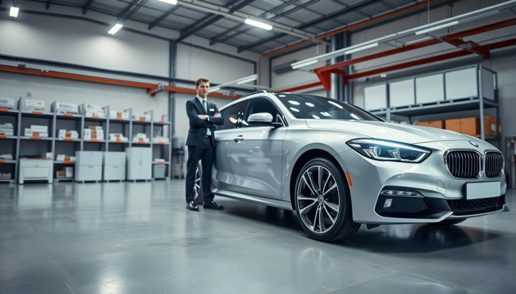 A sleek, modern sedan is parked in a well-lit, professional-looking warehouse. The vehicle is positioned in the foreground, gleaming under a soft, diffuse lighting setup. In the middle ground, a representative of the shipping company stands nearby, dressed in a smart uniform, ready to discuss the insurance and payment options. The background features neatly organized shelving and equipment, conveying a sense of efficiency and attention to detail. The overall atmosphere is one of trust, reliability, and professionalism, capturing the essence of the "Insurance, Payment Options, and What's Covered" section of the article. A sleek, modern sedan is parked in a well-lit, professional-looking warehouse. The vehicle is positioned in the foreground, gleaming under a soft, diffuse lighting setup. In the middle ground, a representative of the shipping company stands nearby, dressed in a smart uniform, ready to discuss the insurance and payment options. The background features neatly organized shelving and equipment, conveying a sense of efficiency and attention to detail. The overall atmosphere is one of trust, reliability, and professionalism, capturing the essence of the "Insurance, Payment Options, and What's Covered" section of the article.
