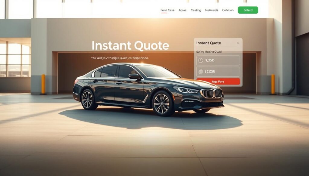 A sleek, modern sedan positioned prominently in the foreground, its glossy exterior reflecting the sunlight. In the background, a clean, minimalist website interface showcases an "Instant Quote" section, featuring clean typography and intuitive controls. The scene is bathed in a warm, inviting lighting, creating a sense of efficiency and professionalism. The overall composition conveys the ease and convenience of obtaining a car shipping quote, seamlessly blending the physical vehicle with the digital experience. A sleek, modern sedan positioned prominently in the foreground, its glossy exterior reflecting the sunlight. In the background, a clean, minimalist website interface showcases an "Instant Quote" section, featuring clean typography and intuitive controls. The scene is bathed in a warm, inviting lighting, creating a sense of efficiency and professionalism. The overall composition conveys the ease and convenience of obtaining a car shipping quote, seamlessly blending the physical vehicle with the digital experience.