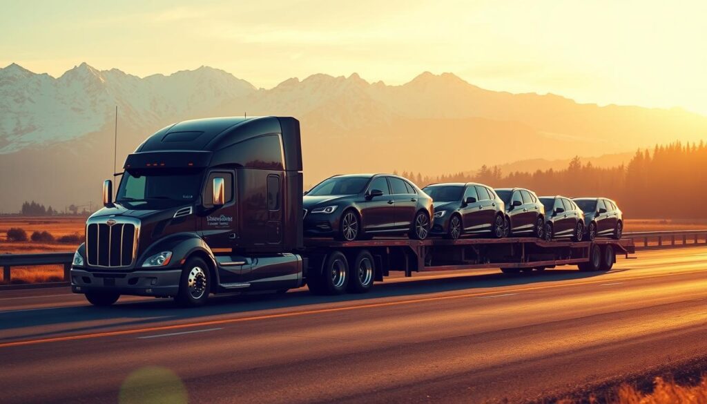 A sleek, modern semi-truck hauling a row of shiny, expertly-secured vehicles on an open highway, with the majestic snow-capped peaks of the Cascade Mountains visible in the distance. Warm, golden sunlight bathes the scene, creating long shadows and highlights the vehicles' glossy finishes. The truck's cab has a bold, aerodynamic design, and the trailer is emblazoned with the logo of a reputable Vancouver-based vehicle transport service, conveying a sense of professionalism and reliability. The overall atmosphere is one of efficiency, safety, and the thrilling journey of delivering valuable cargo to its destination. A sleek, modern semi-truck hauling a row of shiny, expertly-secured vehicles on an open highway, with the majestic snow-capped peaks of the Cascade Mountains visible in the distance. Warm, golden sunlight bathes the scene, creating long shadows and highlights the vehicles' glossy finishes. The truck's cab has a bold, aerodynamic design, and the trailer is emblazoned with the logo of a reputable Vancouver-based vehicle transport service, conveying a sense of professionalism and reliability. The overall atmosphere is one of efficiency, safety, and the thrilling journey of delivering valuable cargo to its destination.