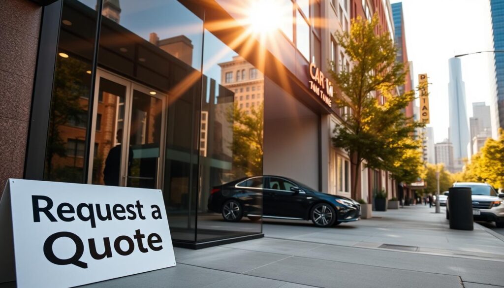 A sleek, modern storefront in a bustling New Rochelle neighborhood, the sun's golden rays spilling across the glass facade. In the foreground, a prominent "Request a Quote" sign invites passersby, its bold typography and clean design catching the eye. The middle ground features a discreet but elegantly-styled car, its glossy finish reflecting the surrounding architecture. In the background, a vibrant cityscape frames the scene, skyscrapers and trees blending harmoniously. The overall atmosphere exudes professionalism, accessibility, and a commitment to reliable car shipping services. A sleek, modern storefront in a bustling New Rochelle neighborhood, the sun's golden rays spilling across the glass facade. In the foreground, a prominent "Request a Quote" sign invites passersby, its bold typography and clean design catching the eye. The middle ground features a discreet but elegantly-styled car, its glossy finish reflecting the surrounding architecture. In the background, a vibrant cityscape frames the scene, skyscrapers and trees blending harmoniously. The overall atmosphere exudes professionalism, accessibility, and a commitment to reliable car shipping services.
