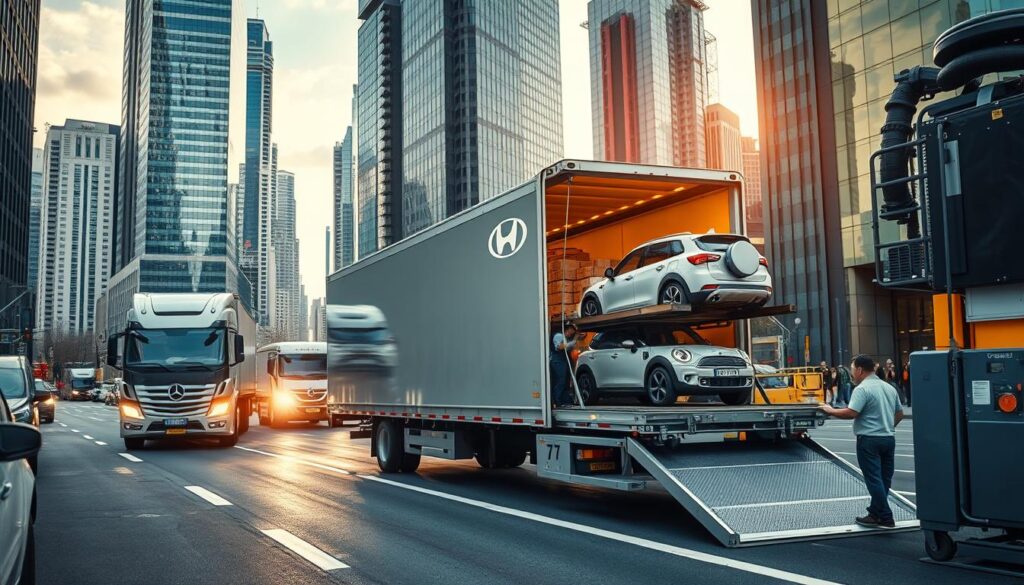 A sleek, modern truck navigates a bustling urban landscape, its cargo bed laden with neatly stacked boxes. In the foreground, a team of efficient workers carefully load and unload the vehicle, their movements choreographed with precision. The mid-ground showcases the state-of-the-art loading and unloading equipment, highlighting the seamless integration of technology and human expertise. In the background, the towering skyscrapers and bustling streets of a thriving city set the scene, conveying a sense of professionalism and reliability. The overall atmosphere is one of a well-oiled, customer-centric operation, ready to tackle the demands of car shipping and auto transport with efficiency and care. A sleek, modern truck navigates a bustling urban landscape, its cargo bed laden with neatly stacked boxes. In the foreground, a team of efficient workers carefully load and unload the vehicle, their movements choreographed with precision. The mid-ground showcases the state-of-the-art loading and unloading equipment, highlighting the seamless integration of technology and human expertise. In the background, the towering skyscrapers and bustling streets of a thriving city set the scene, conveying a sense of professionalism and reliability. The overall atmosphere is one of a well-oiled, customer-centric operation, ready to tackle the demands of car shipping and auto transport with efficiency and care.