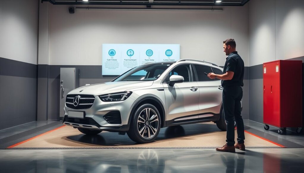A sleek, modern vehicle parked in a well-lit delivery bay, with two workers in uniforms standing next to it, one handing over a set of keys and the other inspecting the vehicle. In the background, a wall-mounted display shows the three-step delivery process, with icons and brief descriptions. Soft, directional lighting creates a professional, trustworthy atmosphere, emphasizing the attention to detail and customer service. The camera angle is slightly elevated, giving a sense of organization and efficiency. The overall scene conveys the reliable, straightforward nature of the auto transport service. A sleek, modern vehicle parked in a well-lit delivery bay, with two workers in uniforms standing next to it, one handing over a set of keys and the other inspecting the vehicle. In the background, a wall-mounted display shows the three-step delivery process, with icons and brief descriptions. Soft, directional lighting creates a professional, trustworthy atmosphere, emphasizing the attention to detail and customer service. The camera angle is slightly elevated, giving a sense of organization and efficiency. The overall scene conveys the reliable, straightforward nature of the auto transport service.