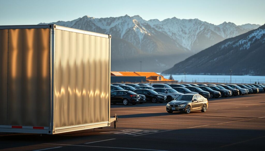 A sleek, modern vehicle shipping container sits prominently in the foreground, its streamlined design and glossy metallic finish reflecting the afternoon sunlight. In the middle ground, a fleet of neatly parked cars awaits their turn for transport, casting long shadows across the paved loading area. In the background, the rugged, snow-capped peaks of the Blue Mountains rise majestically, framing the scene with a sense of scale and grandeur. The lighting is warm and natural, creating a sense of efficiency and professionalism. The overall atmosphere conveys the reliable, fast, and trustworthy service of a premier vehicle transport provider in Baker City. A sleek, modern vehicle shipping container sits prominently in the foreground, its streamlined design and glossy metallic finish reflecting the afternoon sunlight. In the middle ground, a fleet of neatly parked cars awaits their turn for transport, casting long shadows across the paved loading area. In the background, the rugged, snow-capped peaks of the Blue Mountains rise majestically, framing the scene with a sense of scale and grandeur. The lighting is warm and natural, creating a sense of efficiency and professionalism. The overall atmosphere conveys the reliable, fast, and trustworthy service of a premier vehicle transport provider in Baker City.