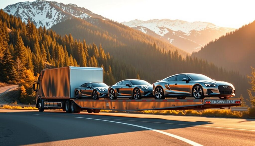 A sleek, modern vehicle transport truck transporting several shiny cars along a winding mountain road, with a backdrop of lush green forests and dramatic snow-capped peaks. The truck is illuminated by warm, natural lighting, casting long shadows across the scene. The cars are meticulously detailed, their glossy finishes reflecting the surrounding landscape. The composition emphasizes the scale and power of the transport vehicle, while also showcasing the beauty of the Pacific Northwest setting. The overall mood is one of efficiency, reliability, and adventure, capturing the essence of the "Car Shipping and Auto Transport Walla Walla" service. A sleek, modern vehicle transport truck transporting several shiny cars along a winding mountain road, with a backdrop of lush green forests and dramatic snow-capped peaks. The truck is illuminated by warm, natural lighting, casting long shadows across the scene. The cars are meticulously detailed, their glossy finishes reflecting the surrounding landscape. The composition emphasizes the scale and power of the transport vehicle, while also showcasing the beauty of the Pacific Northwest setting. The overall mood is one of efficiency, reliability, and adventure, capturing the essence of the "Car Shipping and Auto Transport Walla Walla" service.