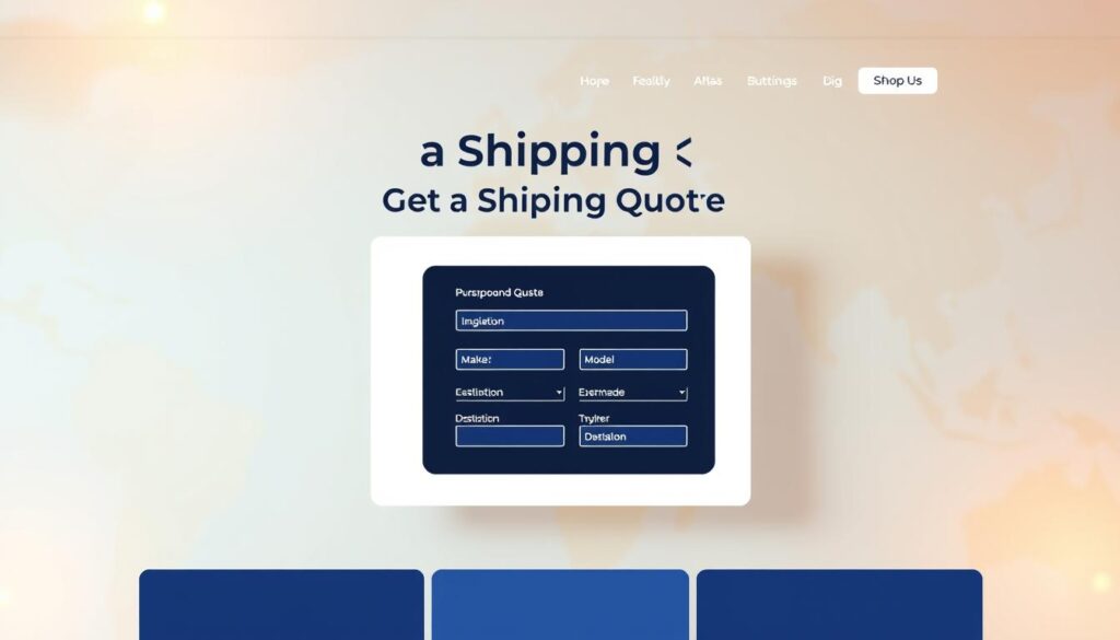 A sleek, modern web page with a clean, minimalist design. The central focus is a prominently displayed "Get a Shipping Quote" panel, featuring a simple, user-friendly interface with input fields for entering details like vehicle make, model, and destination. The panel is framed by a subtle background of a partially visible map, conveying a sense of travel and logistics. Warm, soft lighting from the top left casts a gentle glow, creating a welcoming and professional atmosphere. The overall composition is balanced, with ample negative space to draw the viewer's attention to the key call-to-action element. A sleek, modern web page with a clean, minimalist design. The central focus is a prominently displayed "Get a Shipping Quote" panel, featuring a simple, user-friendly interface with input fields for entering details like vehicle make, model, and destination. The panel is framed by a subtle background of a partially visible map, conveying a sense of travel and logistics. Warm, soft lighting from the top left casts a gentle glow, creating a welcoming and professional atmosphere. The overall composition is balanced, with ample negative space to draw the viewer's attention to the key call-to-action element.