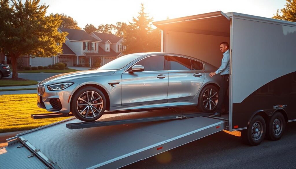 A sleek, silver car being carefully loaded onto a specialized auto transport trailer, its pristine exterior gleaming under the warm, golden afternoon sunlight. The scene is set in a serene, tree-lined suburban neighborhood, with well-manicured lawns and a clear blue sky in the background. The transport driver, dressed in a crisp, professional uniform, meticulously secures the vehicle, ensuring a safe and trusted delivery. The overall atmosphere conveys a sense of reliability, attention to detail, and a commitment to customer satisfaction. A sleek, silver car being carefully loaded onto a specialized auto transport trailer, its pristine exterior gleaming under the warm, golden afternoon sunlight. The scene is set in a serene, tree-lined suburban neighborhood, with well-manicured lawns and a clear blue sky in the background. The transport driver, dressed in a crisp, professional uniform, meticulously secures the vehicle, ensuring a safe and trusted delivery. The overall atmosphere conveys a sense of reliability, attention to detail, and a commitment to customer satisfaction.