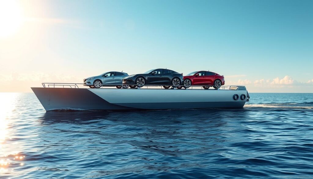 A sleek, silver car carrier ship gliding across a tranquil ocean, its deck loaded with a trio of shiny automobiles in various models and colors. The sun casts a warm, golden glow, illuminating the scene from a low angle. In the background, a cloudless azure sky stretches out, complementing the serene, reflective waters below. Crisp, detailed textures and clean, minimalist design elements evoke a sense of efficiency and professionalism in the car shipping process. The overall composition conveys a straightforward, three-step journey for transporting a vehicle, from pickup to delivery. A sleek, silver car carrier ship gliding across a tranquil ocean, its deck loaded with a trio of shiny automobiles in various models and colors. The sun casts a warm, golden glow, illuminating the scene from a low angle. In the background, a cloudless azure sky stretches out, complementing the serene, reflective waters below. Crisp, detailed textures and clean, minimalist design elements evoke a sense of efficiency and professionalism in the car shipping process. The overall composition conveys a straightforward, three-step journey for transporting a vehicle, from pickup to delivery.