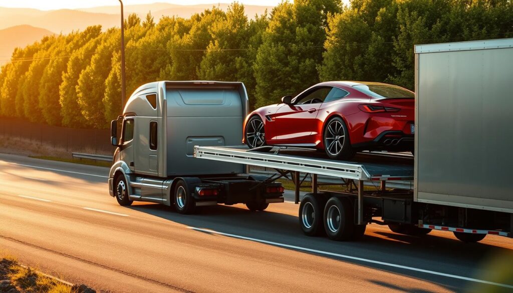 A sleek, silver car carrier truck navigates the winding roads of West Richland, its hydraulic ramp extended as it carefully loads a shiny, red sports car onto the upper deck. The scene is bathed in warm, golden afternoon light, casting long shadows across the pavement. In the background, a row of lush, green trees lines the horizon, providing a serene, natural backdrop. The car shipping process is captured with precision and attention to detail, showcasing the efficiency and care taken to transport vehicles safely to their destinations. A sleek, silver car carrier truck navigates the winding roads of West Richland, its hydraulic ramp extended as it carefully loads a shiny, red sports car onto the upper deck. The scene is bathed in warm, golden afternoon light, casting long shadows across the pavement. In the background, a row of lush, green trees lines the horizon, providing a serene, natural backdrop. The car shipping process is captured with precision and attention to detail, showcasing the efficiency and care taken to transport vehicles safely to their destinations.