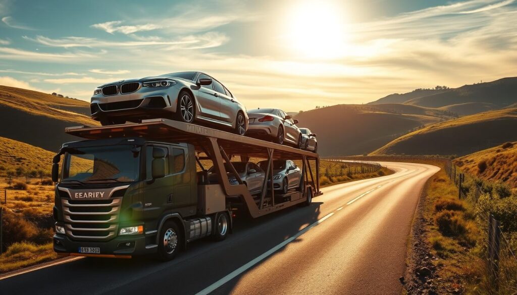 A sleek, silver car carrier truck transporting a fleet of gleaming, high-end vehicles down a scenic, winding road. The truck's powerful hydraulic lift raises the cars gently onto the multi-level platform, while its sturdy chassis navigates the hilly terrain with ease. Bright sunlight filters through wispy clouds, casting a warm, golden glow over the scene. The road winds through a picturesque countryside, with rolling hills and lush, verdant foliage framing the composition. The overall mood is one of efficiency, care, and attention to detail - capturing the essence of professional car shipping and auto transport services in Richland. A sleek, silver car carrier truck transporting a fleet of gleaming, high-end vehicles down a scenic, winding road. The truck's powerful hydraulic lift raises the cars gently onto the multi-level platform, while its sturdy chassis navigates the hilly terrain with ease. Bright sunlight filters through wispy clouds, casting a warm, golden glow over the scene. The road winds through a picturesque countryside, with rolling hills and lush, verdant foliage framing the composition. The overall mood is one of efficiency, care, and attention to detail - capturing the essence of professional car shipping and auto transport services in Richland.