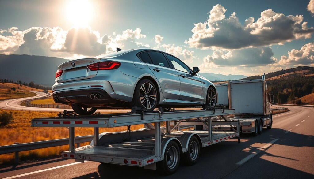 A sleek, silver car securely strapped onto a specialized car shipping trailer, navigating the open road against a backdrop of scenic Buffalo landscapes. The trailer's hydraulic lift platform effortlessly raises the vehicle, while skilled drivers carefully maneuver the rig through winding highways. Sunlight filters through cumulus clouds, casting a warm, golden glow on the scene. The overall atmosphere conveys a sense of professionalism, reliability, and timely transit for the precious cargo being transported to its destination. A sleek, silver car securely strapped onto a specialized car shipping trailer, navigating the open road against a backdrop of scenic Buffalo landscapes. The trailer's hydraulic lift platform effortlessly raises the vehicle, while skilled drivers carefully maneuver the rig through winding highways. Sunlight filters through cumulus clouds, casting a warm, golden glow on the scene. The overall atmosphere conveys a sense of professionalism, reliability, and timely transit for the precious cargo being transported to its destination.