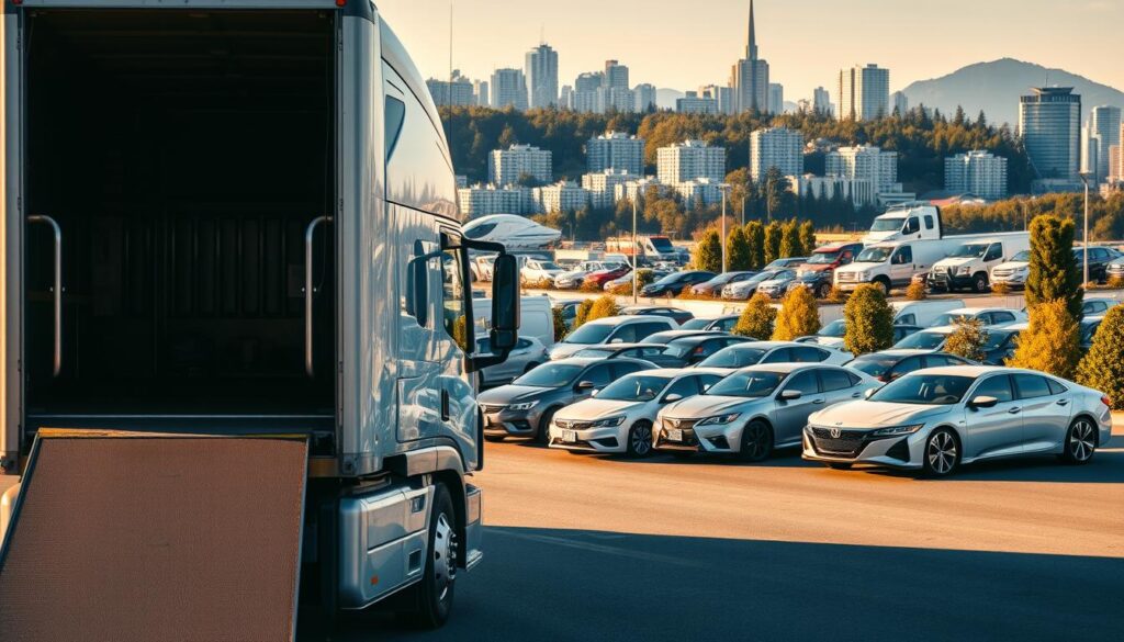 A sleek, silver car transport truck is parked in the foreground, its ramp lowered and ready to load vehicles. In the middle ground, a line of neatly arranged cars of various makes and models awaits their turn for transport. The backdrop is the bustling city of Kirkland, with its modern skyline and lush greenery. The scene is illuminated by warm, golden sunlight, creating a sense of efficiency and professionalism. The composition emphasizes the smooth, seamless process of Kirkland's car shipping service, reflecting the section's title "How our Kirkland car shipping service works from quote to delivery". A sleek, silver car transport truck is parked in the foreground, its ramp lowered and ready to load vehicles. In the middle ground, a line of neatly arranged cars of various makes and models awaits their turn for transport. The backdrop is the bustling city of Kirkland, with its modern skyline and lush greenery. The scene is illuminated by warm, golden sunlight, creating a sense of efficiency and professionalism. The composition emphasizes the smooth, seamless process of Kirkland's car shipping service, reflecting the section's title "How our Kirkland car shipping service works from quote to delivery".
