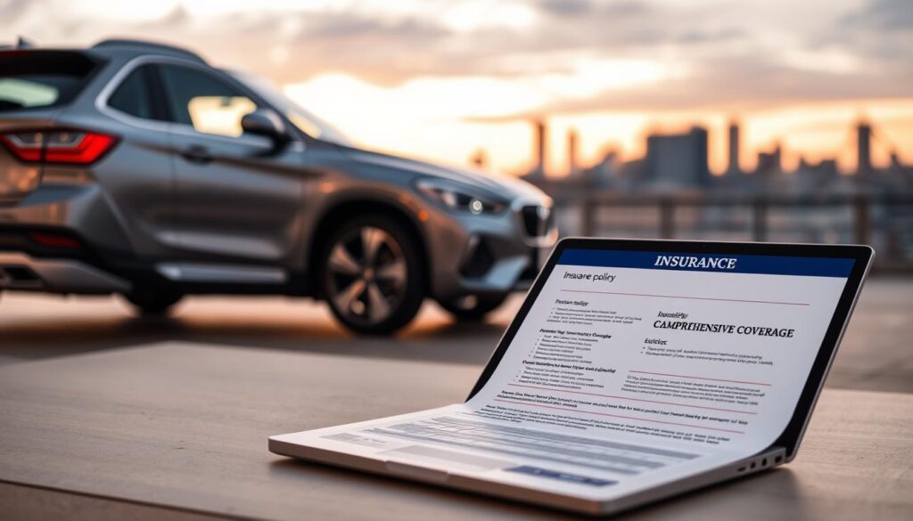 A sleek, silver-gray car sits prominently in the foreground, its glossy exterior reflecting the warm, ambient lighting. In the middle ground, an open laptop displays a detailed insurance policy, highlighting the comprehensive coverage options. The background features a serene, blurred cityscape, conveying a sense of security and protection. The scene is captured through a wide-angle lens, creating a balanced, professional composition that emphasizes the importance of insuring one's vehicle for a reliable and worry-free car shipping experience. A sleek, silver-gray car sits prominently in the foreground, its glossy exterior reflecting the warm, ambient lighting. In the middle ground, an open laptop displays a detailed insurance policy, highlighting the comprehensive coverage options. The background features a serene, blurred cityscape, conveying a sense of security and protection. The scene is captured through a wide-angle lens, creating a balanced, professional composition that emphasizes the importance of insuring one's vehicle for a reliable and worry-free car shipping experience.
