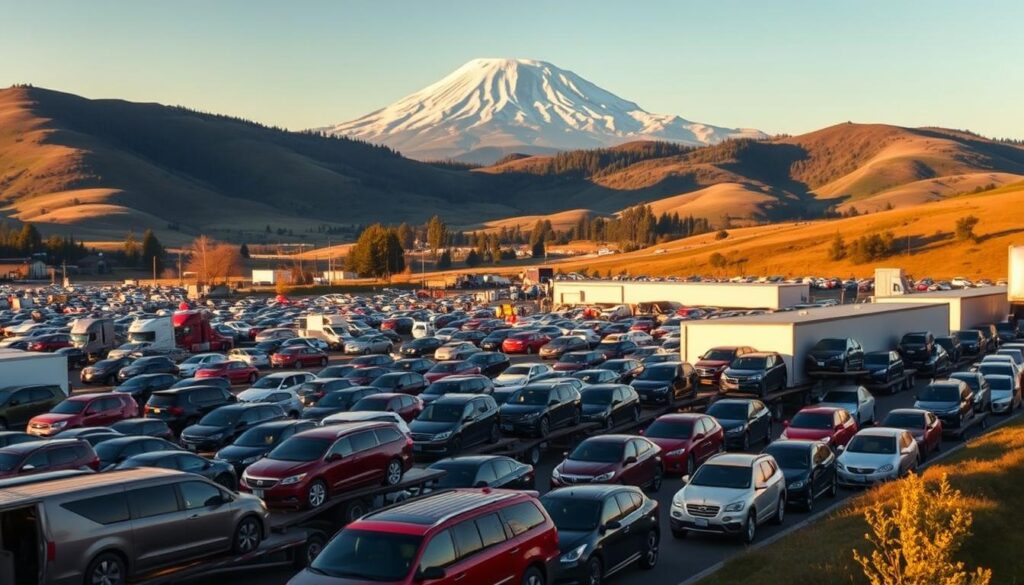 A sprawling auto transport facility nestled against the rolling hills of Enumclaw. In the foreground, a convoy of car carriers loaded with a diverse array of vehicles, their polished exteriors gleaming under the warm, golden sunlight. The middle ground reveals a bustling hub of activity, with workers diligently loading and unloading cars, ensuring the smooth flow of transport. In the distance, the backdrop showcases the majestic Mount Rainier, its snow-capped peaks standing tall and proud, providing a picturesque setting for this automotive logistics operation. The scene conveys a sense of efficiency, reliability, and the harmonious integration of modern transportation with the natural beauty of the Pacific Northwest. A sprawling auto transport facility nestled against the rolling hills of Enumclaw. In the foreground, a convoy of car carriers loaded with a diverse array of vehicles, their polished exteriors gleaming under the warm, golden sunlight. The middle ground reveals a bustling hub of activity, with workers diligently loading and unloading cars, ensuring the smooth flow of transport. In the distance, the backdrop showcases the majestic Mount Rainier, its snow-capped peaks standing tall and proud, providing a picturesque setting for this automotive logistics operation. The scene conveys a sense of efficiency, reliability, and the harmonious integration of modern transportation with the natural beauty of the Pacific Northwest.